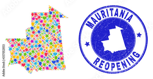 Celebrating Mauritania map mosaic and reopening unclean seal. Vector mosaic Mauritania map is created of scattered stars, hearts, balloons. Rounded awry blue seal with unclean rubber texture.