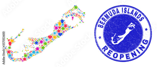 Celebrating Bermuda Islands map collage and reopening dirty watermark. Vector collage Bermuda Islands map is constructed with scattered stars, hearts, balloons.