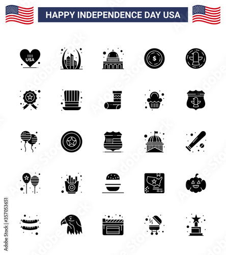 USA Happy Independence DayPictogram Set of 25 Simple Solid Glyph of bird; maony; usa; dollar; wisconsin photo