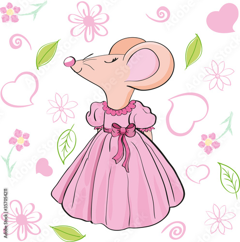 Dreamy, romantic mouse, rat in a magnificent pink dress. Background hearts and flowers. Hand-drawn illustration, cartoon character. Isolated design element. Vector illustration.