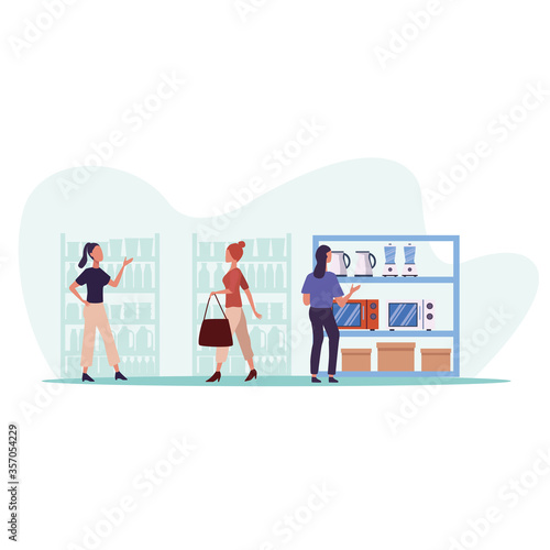 young couple shopping appliances activity characters