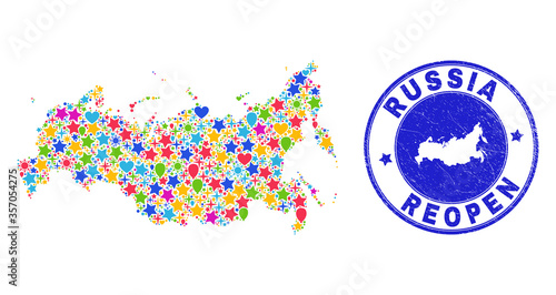 Celebrating Russia map mosaic and reopening rubber seal. Vector mosaic Russia map is created of randomized stars, hearts, balloons. Rounded awry blue seal with scratched rubber texture.