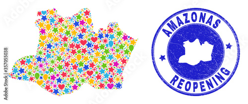 Celebrating Amazonas State map collage and reopening rubber seal. Vector collage Amazonas State map is designed of randomized stars, hearts, balloons.