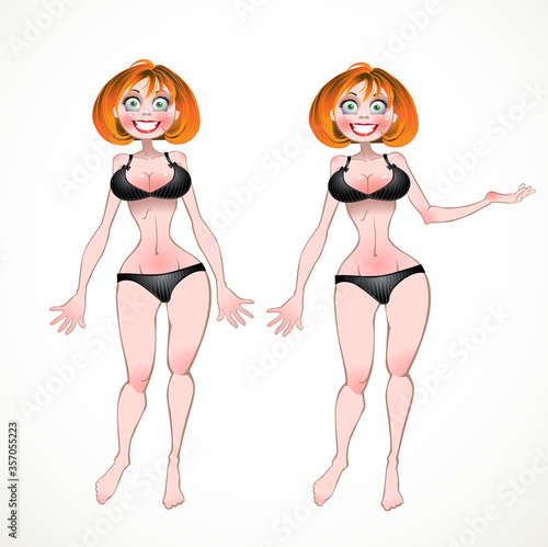 Nude Red-haired girl on black underwear in two poses of hands