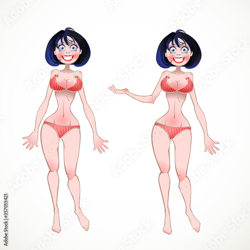 Nude Brunette on red underwear in two poses of hands