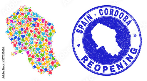 Celebrating Cordoba Spanish Province map collage and reopening rubber watermark. Vector collage Cordoba Spanish Province map is constructed with random stars, hearts, balloons.