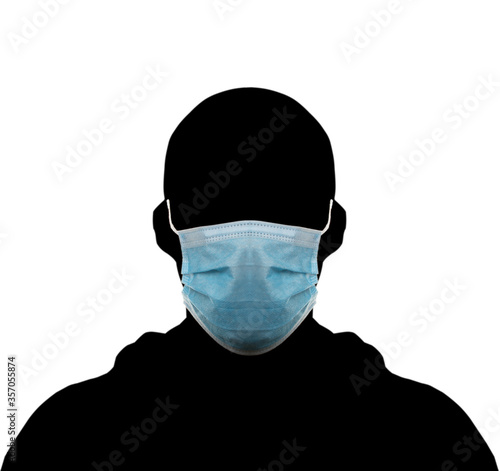 Shape of man with protection surgical blue disposable mask. Concept on isolated white background. Real mask and black shape man's portrait. 