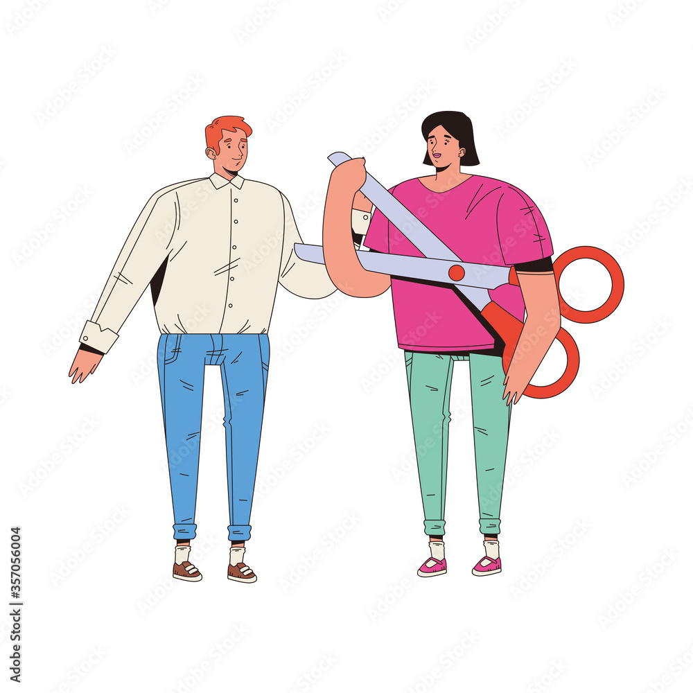 young couple with scissors avatars characters young couple with scissors avatars characters