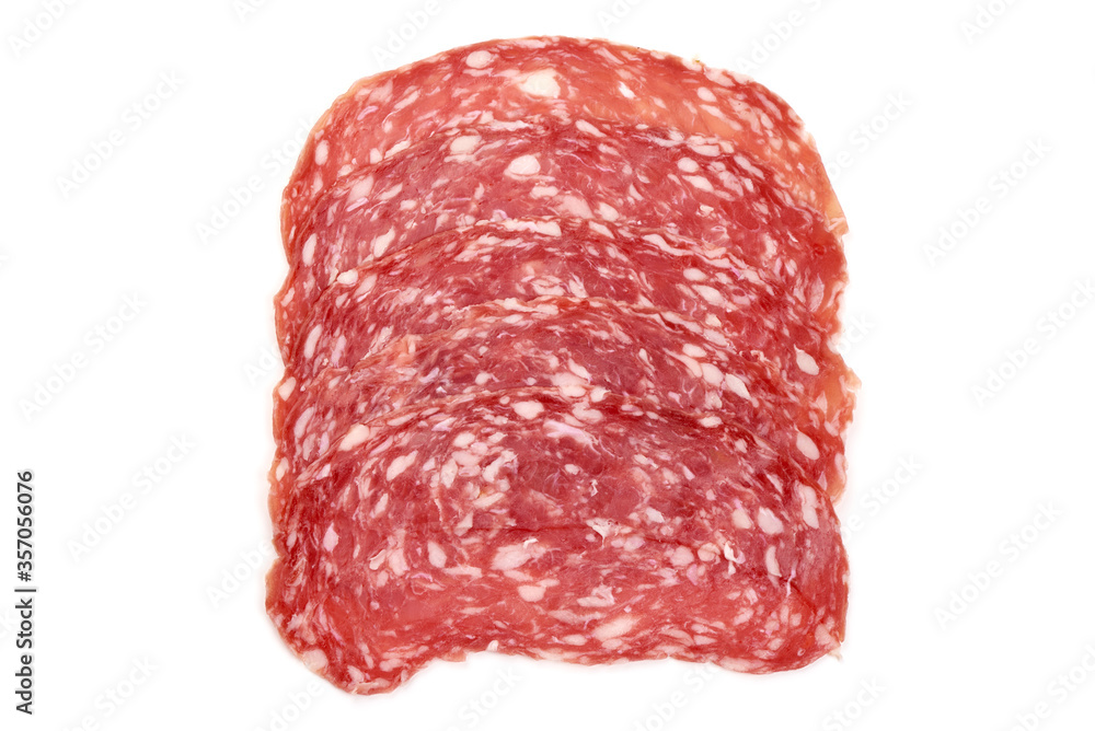 Spanish salchichon, jerked salami sausage, isolated on white background Spanish salchichon, jerked salami sausage, isolated on white background