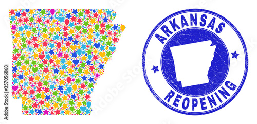 Celebrating Arkansas State map mosaic and reopening textured stamp seal. Vector mosaic Arkansas State map is designed with scattered stars, hearts, balloons.