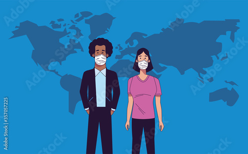 interracial couple wearing medical masks characters