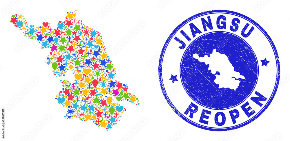 Celebrating Jiangsu Province map mosaic and reopening textured stamp seal. Vector mosaic Jiangsu Province map is composed with scattered stars, hearts, balloons.