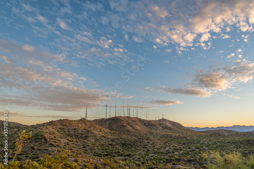 A scenic view of the radio and TV antennas overlooking Phoenix, Arizona from atop South Mountain.	
