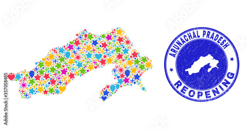 Celebrating Arunachal Pradesh State map collage and reopening unclean stamp seal. Vector collage Arunachal Pradesh State map is done of randomized stars, hearts, balloons.