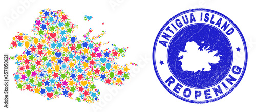 Celebrating Antigua Island map mosaic and reopening rubber seal. Vector mosaic Antigua Island map is designed with randomized stars, hearts, balloons.