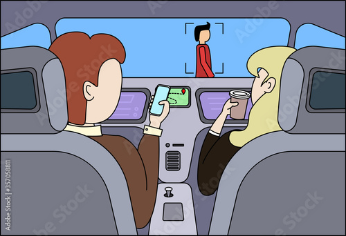 Man and woman inside driverless car interior on road trip on autopilot. Dashboard display no hands on steering.