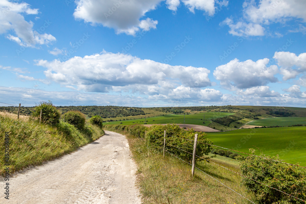 A footpath in the South Downs in Sussex, with a blue sky overhead