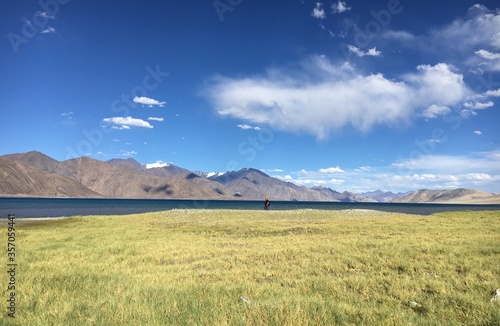 Pangong lake and mountain landscape with blue sky and clouds in ladakh