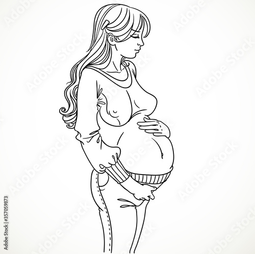 pregnant young beautiful woman black outline for coloring
