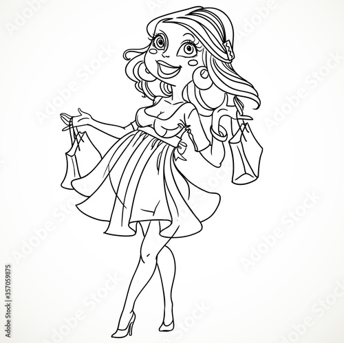Pretty pregnant shopping woman in black outline for coloring