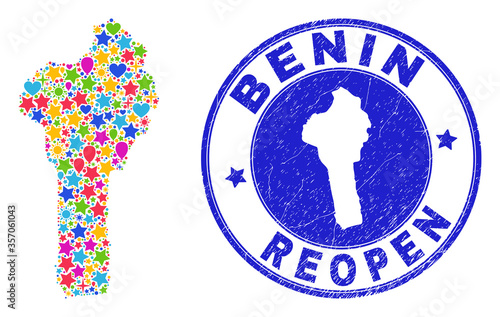 Celebrating Benin map mosaic and reopening corroded stamp. Vector mosaic Benin map is formed with randomized stars, hearts, balloons. Rounded awry blue stamp imprint with unclean rubber texture.