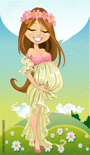 Dreaming  pregnant woman in long dress on spring background with text area