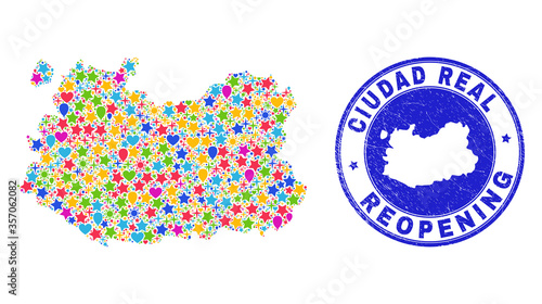 Celebrating Ciudad Real Province map collage and reopening rubber watermark. Vector collage Ciudad Real Province map is done from random stars, hearts, balloons.