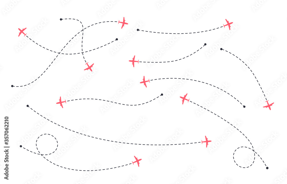 International flights. Airline routes. Dotted line air path with icons of airplanes. Vector illustration International flights. Airline routes. Dotted line air path with icons of airplanes. Vector illustration