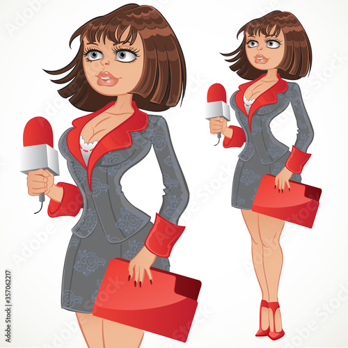 Reporter girl in gray suit with red folder