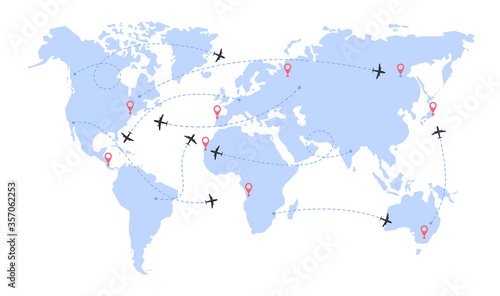 International flights. World map with airline routes. Silhouette of world map with icons of airplanes. Dotted line air path. Vector illustration
