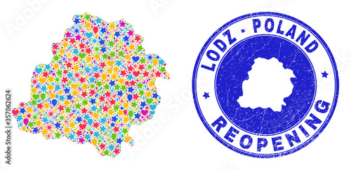 Celebrating Lodz Voivodeship map mosaic and reopening grunge seal. Vector mosaic Lodz Voivodeship map is designed of random stars, hearts, balloons.