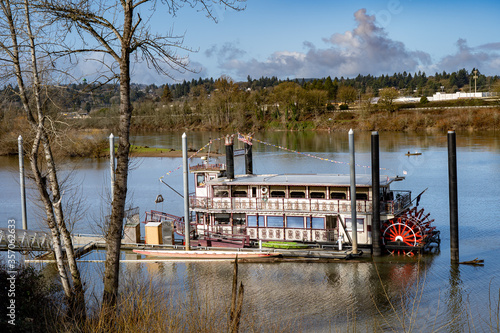 The Willamette Queen Sternwheeler docked on the Willamette River in Salem, Oregon