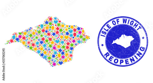 Celebrating Isle of Wight map mosaic and reopening grunge watermark. Vector mosaic Isle of Wight map is formed of random stars, hearts, balloons.