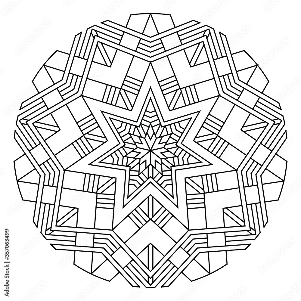 Heptagon Star snowflake mandala - black on white.
Vector graphic of heptagonal star mandala with black line art on white background. Perfect for coloring book.

