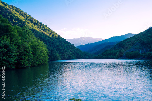 side view of mountain lake in front of trees
