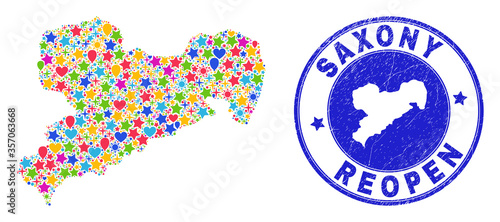 Celebrating Saxony Land map mosaic and reopening grunge stamp seal. Vector mosaic Saxony Land map is done with scattered stars, hearts, balloons.