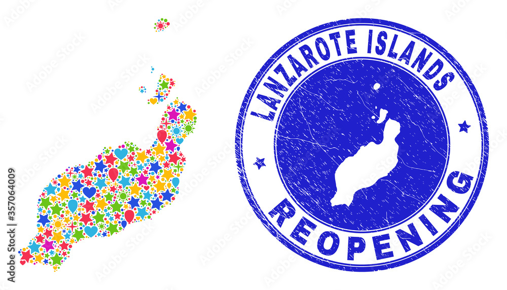 Celebrating Lanzarote Islands map mosaic and reopening corroded seal. Vector mosaic Lanzarote Islands map is made from randomized stars, hearts, balloons. Celebrating Lanzarote Islands map mosaic and reopening corroded seal. Vector mosaic Lanzarote Islands map is made from randomized stars, hearts, balloons.
