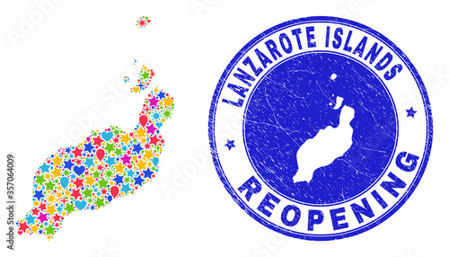Celebrating Lanzarote Islands map mosaic and reopening corroded seal. Vector mosaic Lanzarote Islands map is made from randomized stars, hearts, balloons.