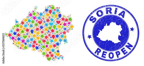 Celebrating Soria Province map mosaic and reopening dirty watermark. Vector mosaic Soria Province map is made with scattered stars, hearts, balloons.