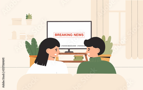 Young couple sitting on sofa watching tv news at home in cozy room. Shock content, negative news. Flat style vector illustrataion.