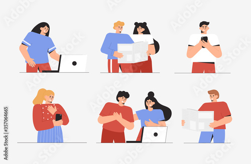 Set of different scenes - a man and a woman read news from a newspaper or read news on the Internet in a laptop or phone. Flat style vector illustration.