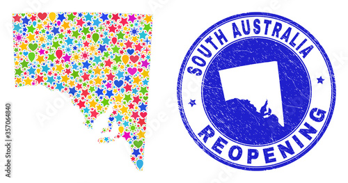 Celebrating South Australia map collage and reopening textured stamp. Vector collage South Australia map is constructed with scattered stars, hearts, balloons.