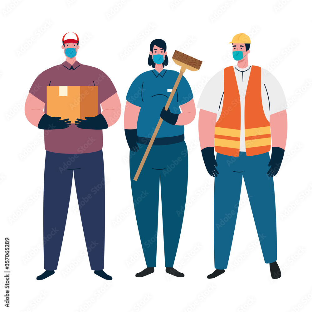 Female cleaner constructer and delivery man with masks design, Workers occupation and job theme Vector illustration