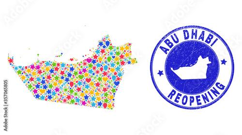 Celebrating Abu Dhabi Emirate map collage and reopening dirty stamp. Vector collage Abu Dhabi Emirate map is constructed with randomized stars, hearts, balloons.
