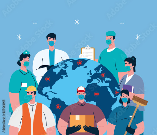 people with uniforms workermasks and world map design of Coronavirus 2019 nCov workers theme Vector illustration