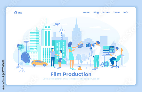 Film Production. Outdoor filmmaking scene. Shooting film with actors, camera, light, microphone. Movie director, cameraman, video editor. landing web design template decorated with people characters