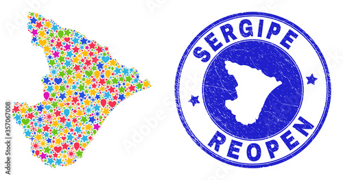 Celebrating Sergipe State map mosaic and reopening rubber watermark. Vector mosaic Sergipe State map is created of scattered stars, hearts, balloons.