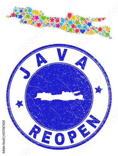 Celebrating Java Island map collage and reopening corroded watermark. Vector collage Java Island map is created with random stars, hearts, balloons.