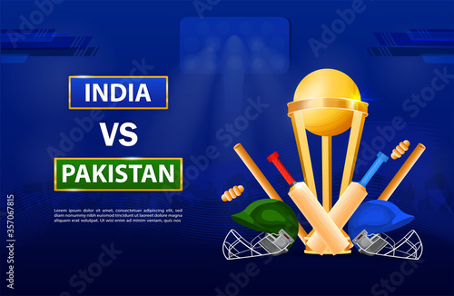 Colorful India versus Pakistan cricket poster with a gold trophy, wickets and bats over blue, colored vector illustration