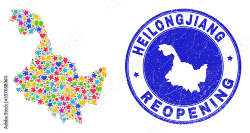 Celebrating Heilongjiang Province map mosaic and reopening rubber seal. Vector mosaic Heilongjiang Province map is done with scattered stars, hearts, balloons.